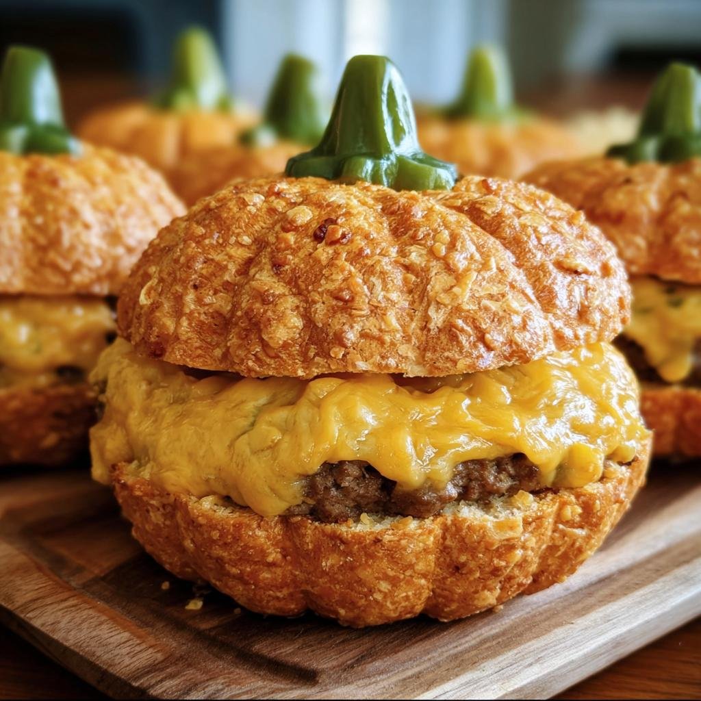 Close-up of Pumpkin-Shaped Sliders with melted cheese and a green pepper stem on a wooden board.