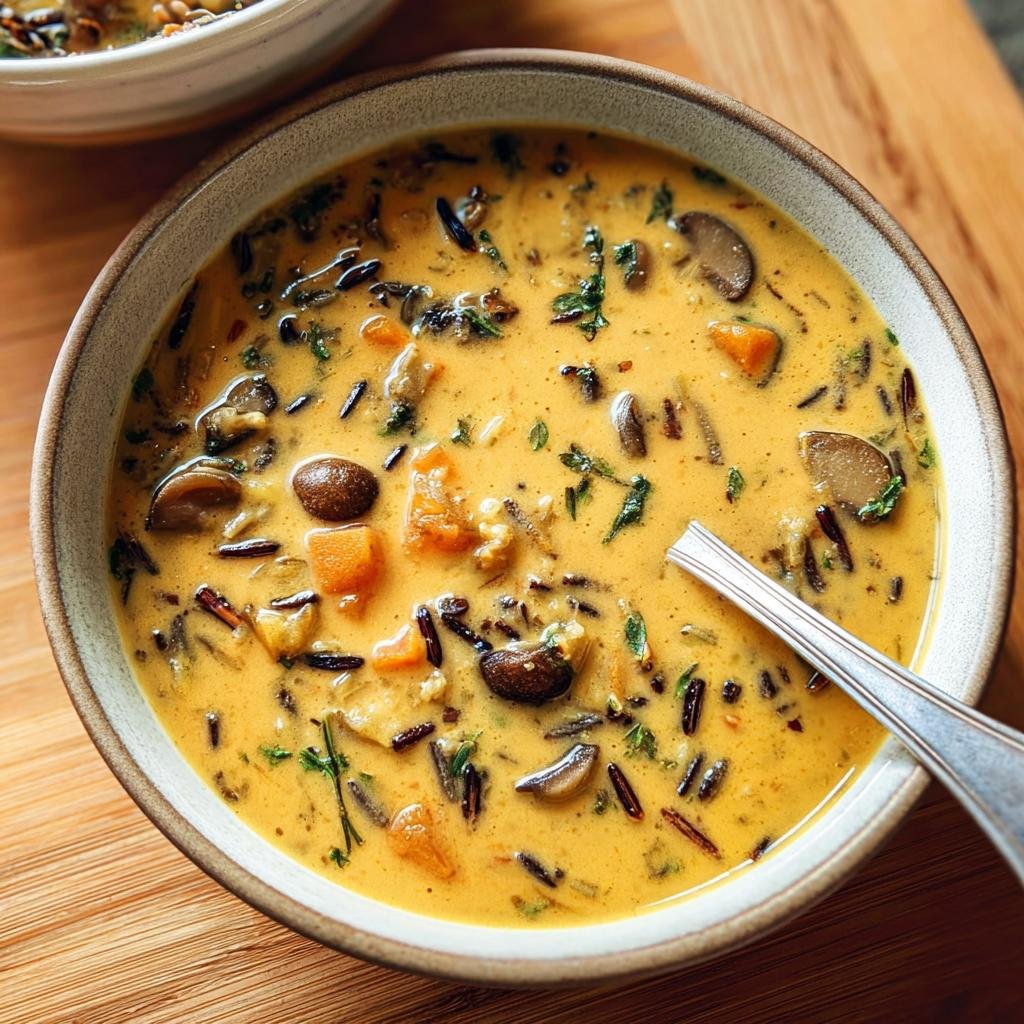 Close-up of a bowl of Pumpkin Wild Rice Soup with mushrooms and herbs, ready to eat.