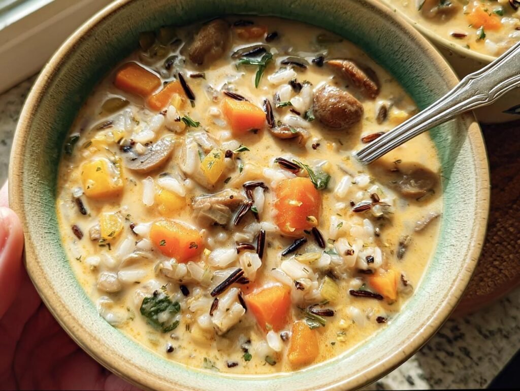 Close-up of a bowl of creamy Pumpkin Wild Rice Soup with visible pumpkin chunks and wild rice.