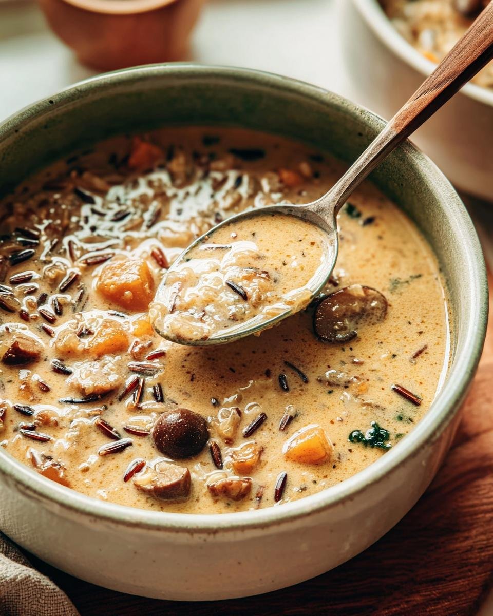 Close-up of Pumpkin Wild Rice Soup in a bowl with a spoon lifting a portion, showing pumpkin and wild rice.