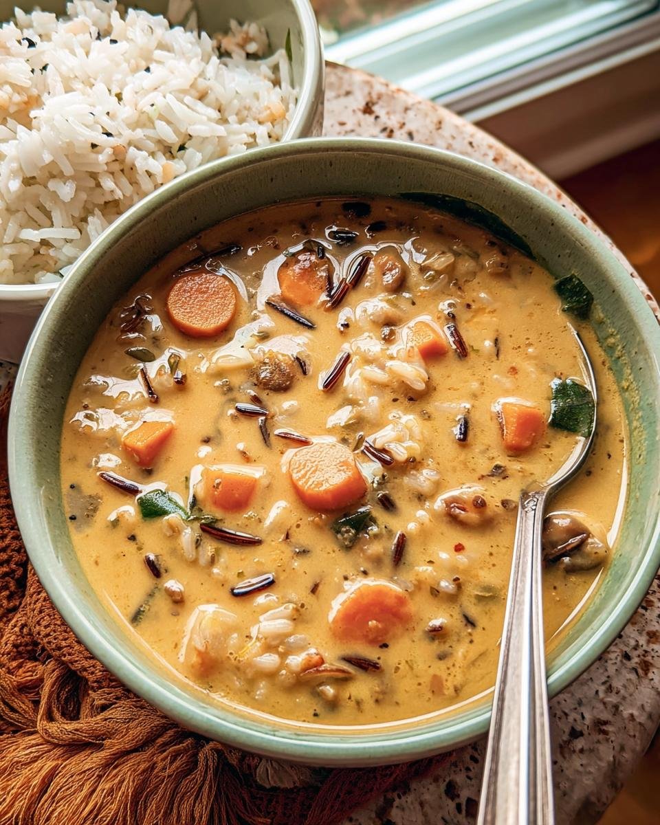 A bowl of creamy Pumpkin Wild Rice Soup with carrots, wild rice, and herbs.