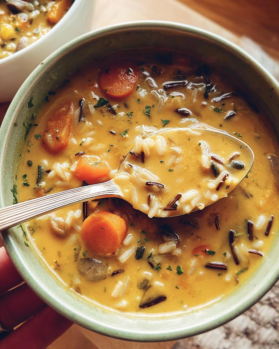 Close-up of a bowl of Pumpkin Wild Rice Soup with carrots and a spoon lifting a portion.