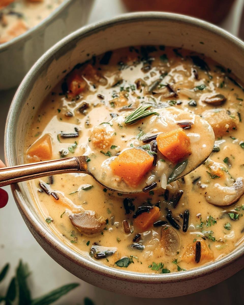 Close-up of Pumpkin Wild Rice Soup with a spoon lifting a portion, showing pumpkin chunks and wild rice.