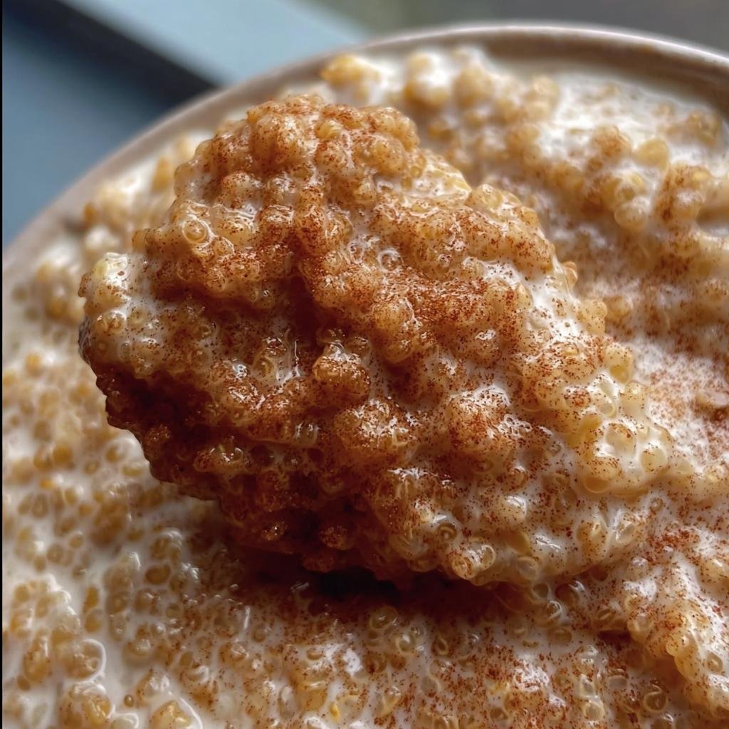 Close-up of creamy Quinoa Pudding sprinkled with cinnamon, a SiLLibake recipe.