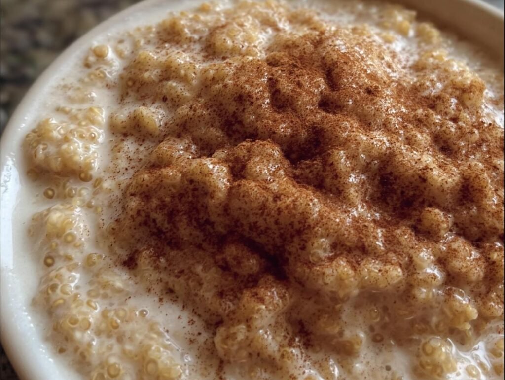 Close-up of creamy Quinoa Pudding topped with cinnamon. A delicious and healthy dessert by SiLLibake.