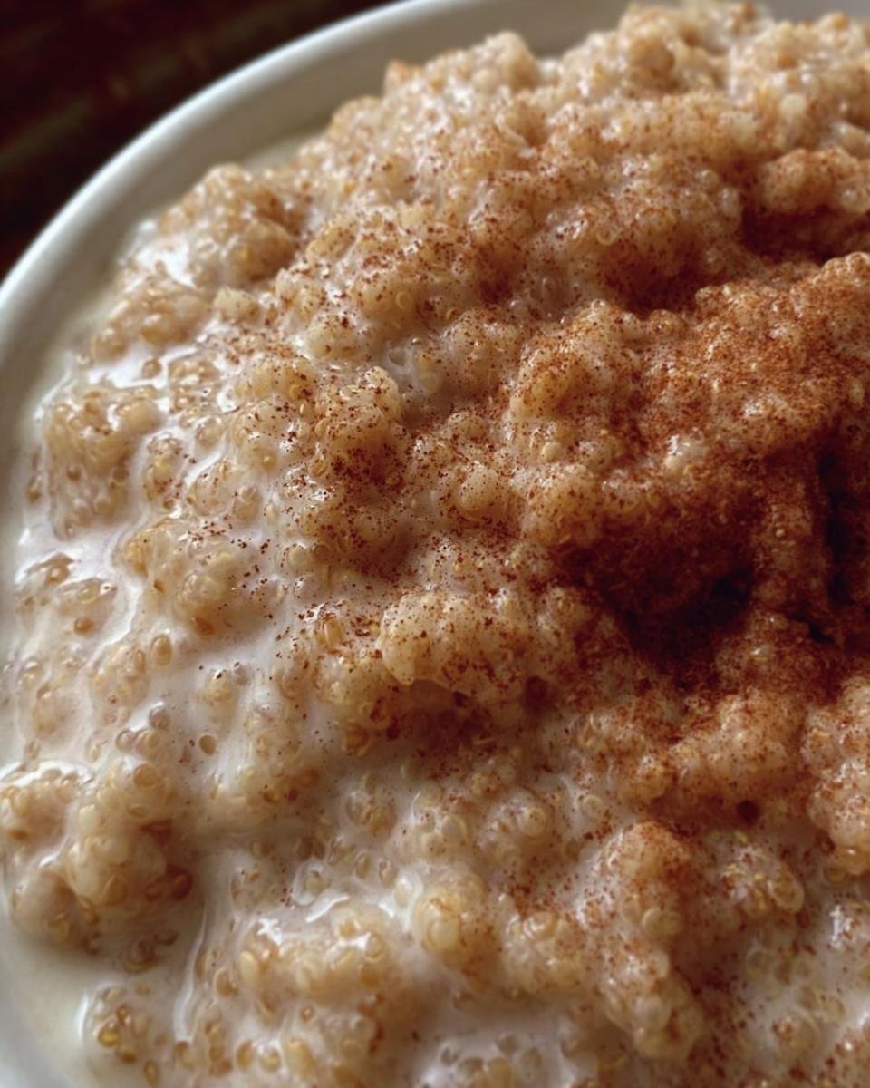Close-up of creamy Quinoa Pudding in a bowl, sprinkled with cinnamon. SiLLibake recipe.
