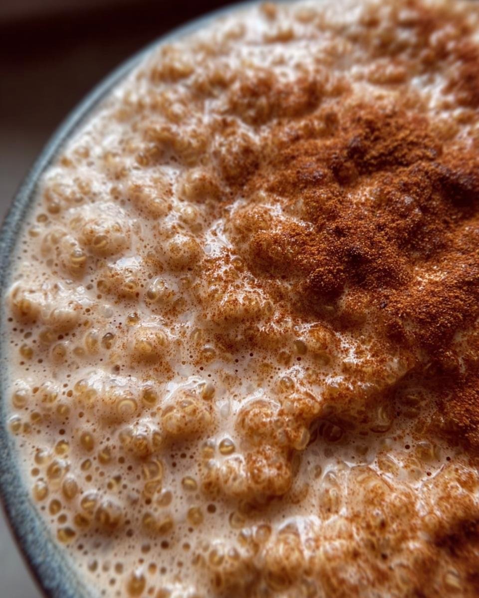 Close-up of creamy Quinoa Pudding topped with cinnamon, perfect for a comforting dessert.