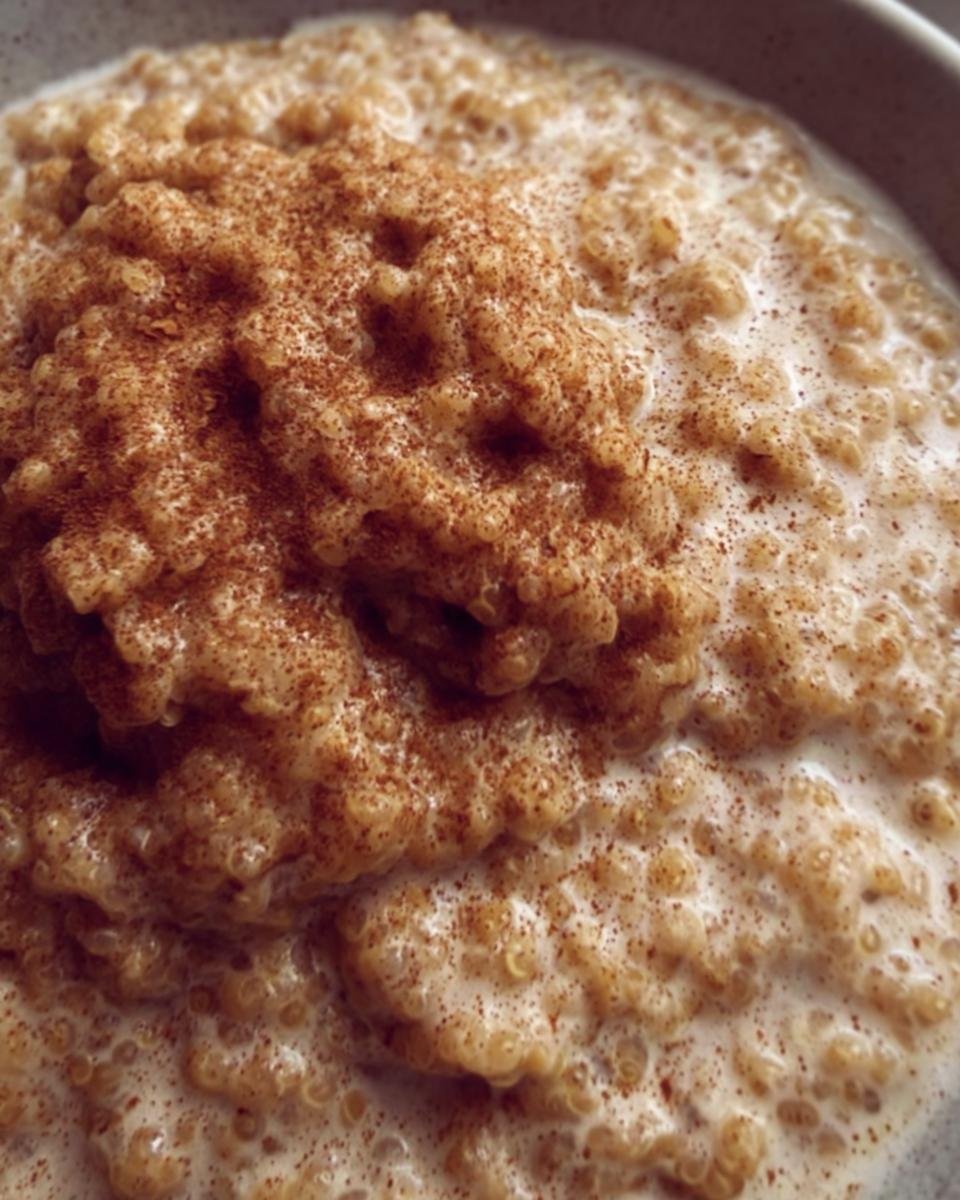 Close-up of a bowl of creamy Quinoa Pudding, sprinkled with cinnamon.