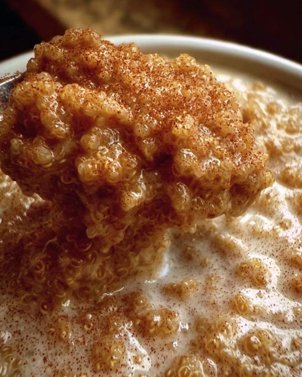 Close-up of a spoonful of Quinoa Pudding, topped with cinnamon, from SiLLibake.