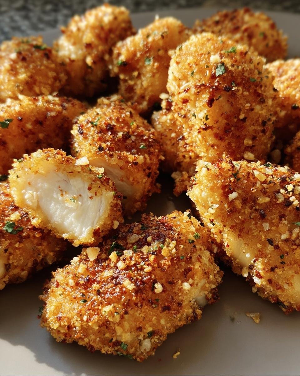 Close-up of golden Ranch-Crusted Chicken Bites, showing the crispy coating and tender chicken inside.