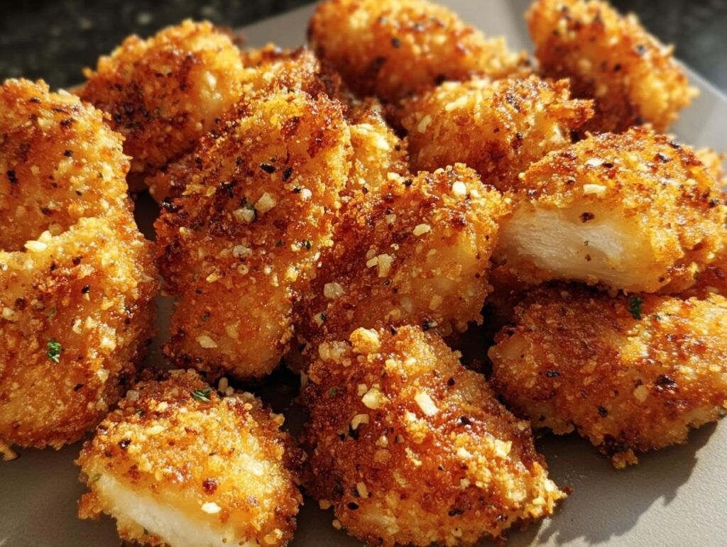A close-up of crispy, golden Ranch-Crusted Chicken Bites on a plate, showcasing the delicious texture and seasoning.