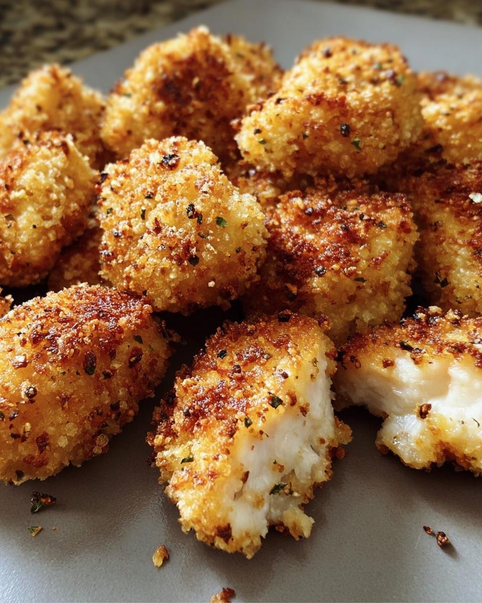 Close-up of Ranch-Crusted Chicken Bites on a plate, showing the crispy coating and tender chicken inside.