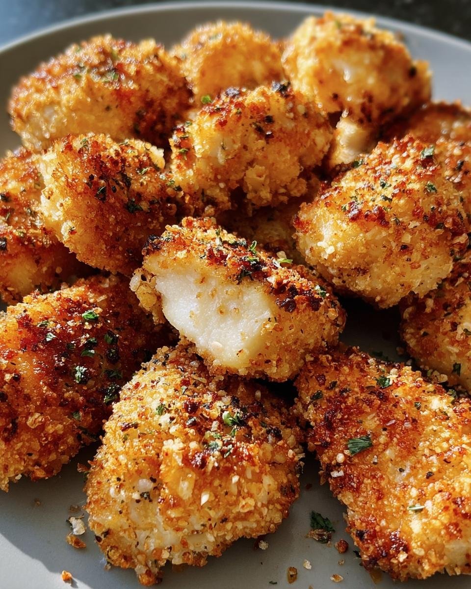 A plate of golden brown Ranch-Crusted Chicken Bites, garnished with herbs. One bite is broken open to show the juicy chicken inside.