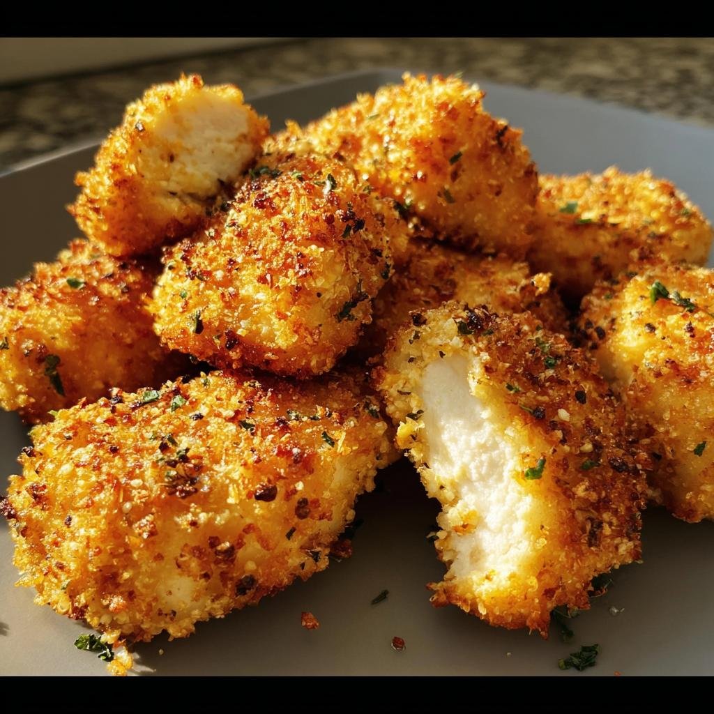 A plate of crispy Ranch-Crusted Chicken Bites, showcasing their golden-brown coating and tender inside.