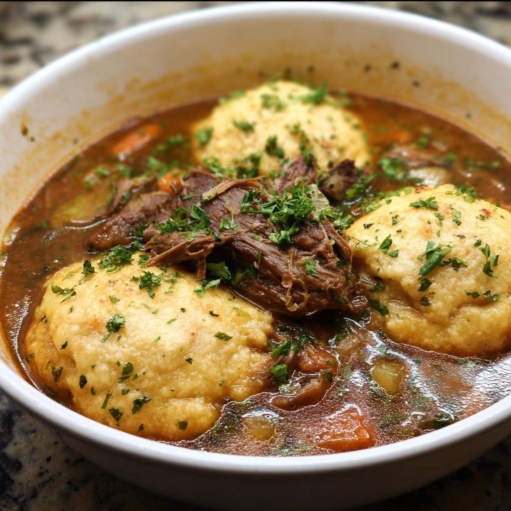 Close-up of a bowl of Rib Cornmeal Dumpling Soup with tender ribs and fluffy cornmeal dumplings.