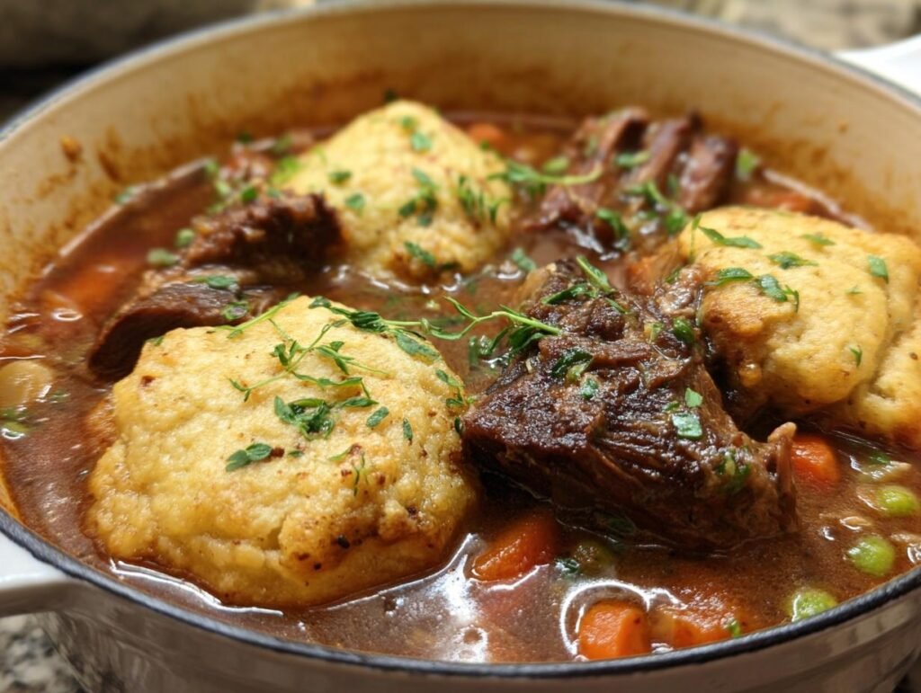 Close-up of Rib Cornmeal Dumpling Soup in a pot, featuring tender ribs, cornmeal dumplings, and vegetables.