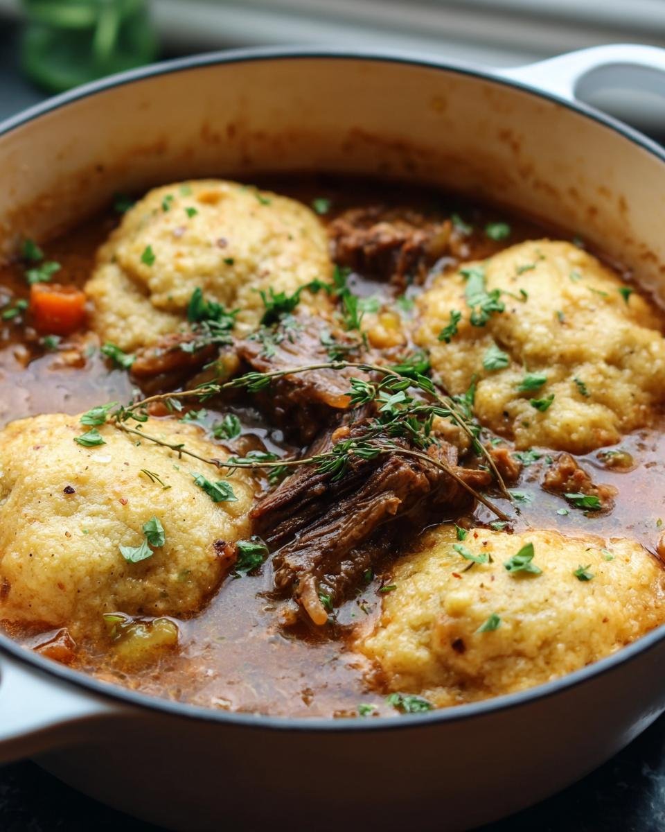 Close-up of Rib Cornmeal Dumpling Soup in a pot, featuring tender ribs and fluffy cornmeal dumplings.
