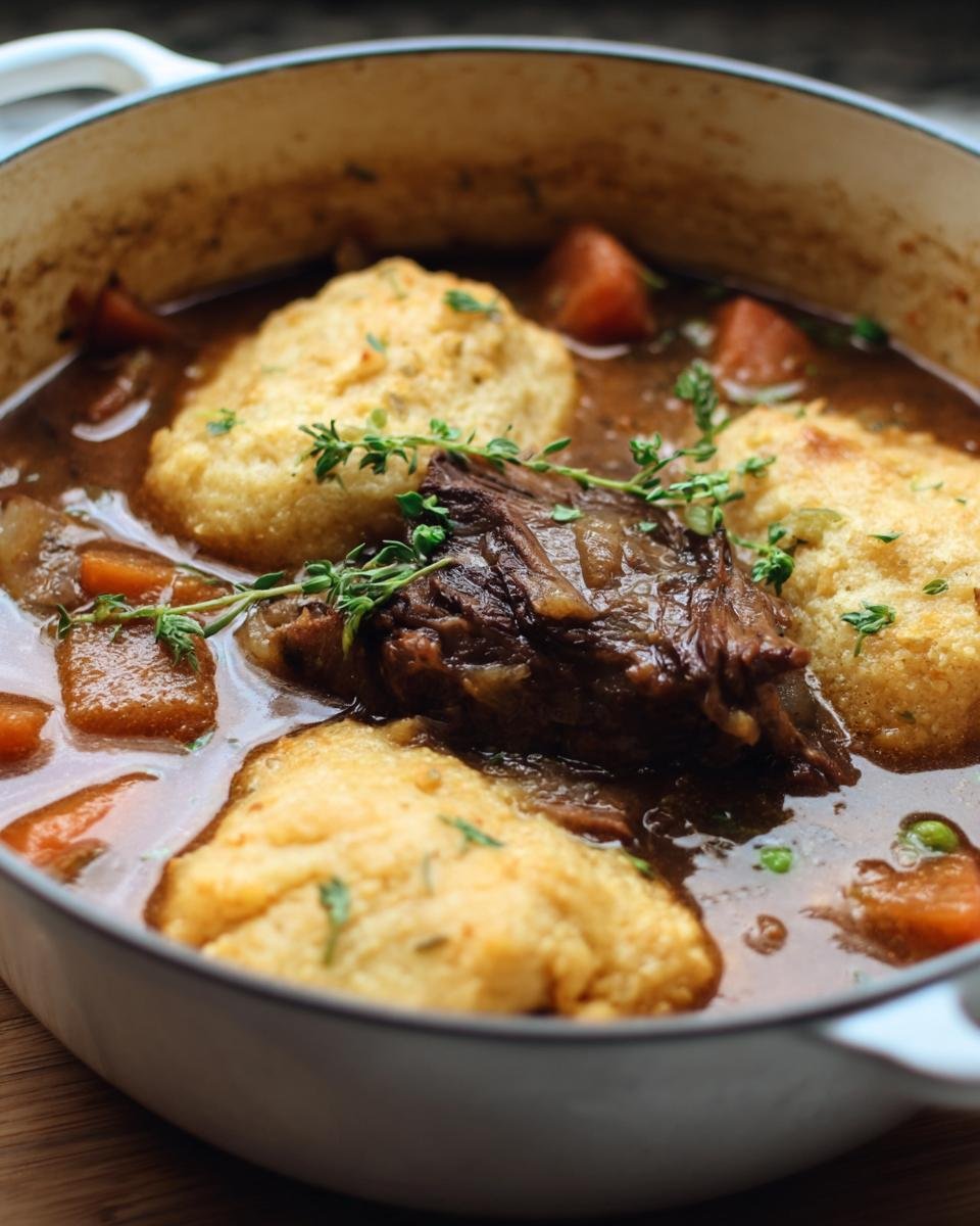 Close-up of Rib Cornmeal Dumpling Soup in a pot, featuring tender ribs, cornmeal dumplings, and vegetables.