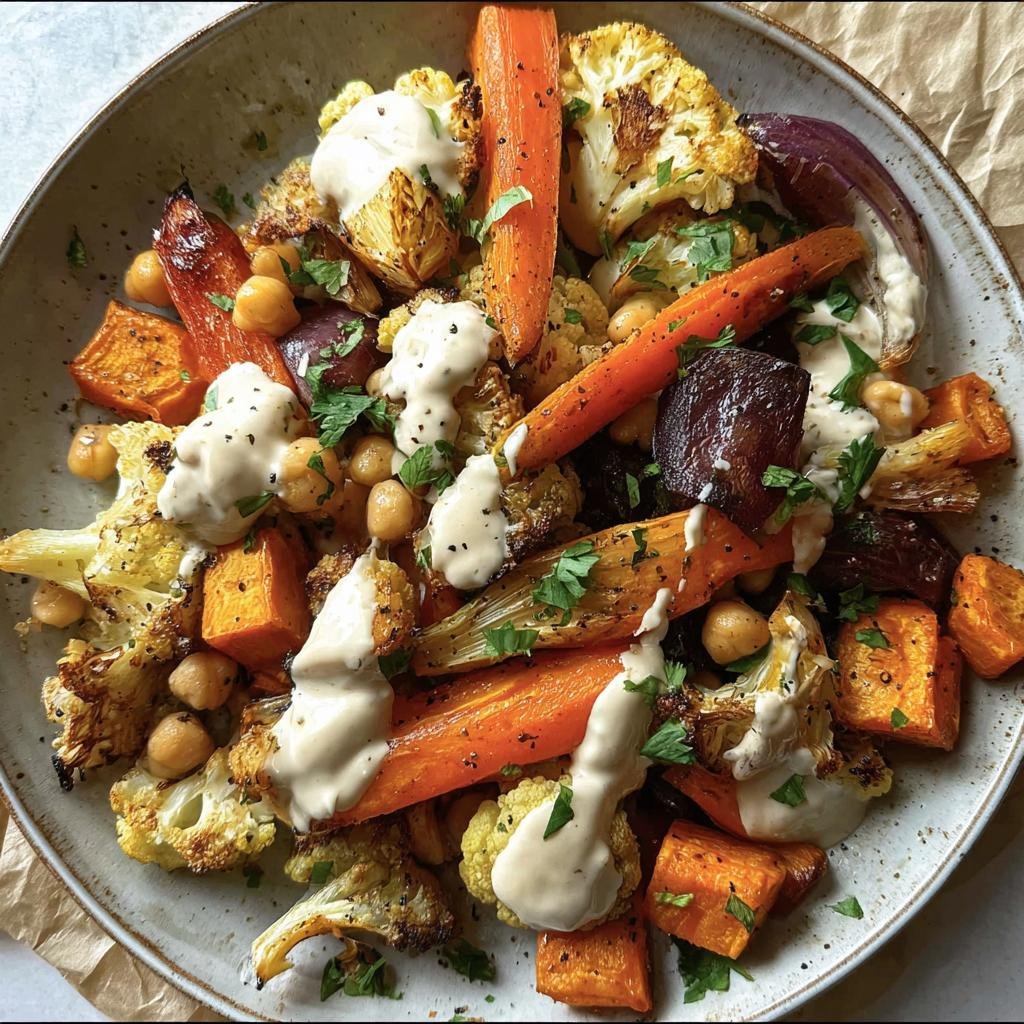 Bowl of Roasted Veggie, Tahini Yogurt with carrots, cauliflower, chickpeas, and herbs.