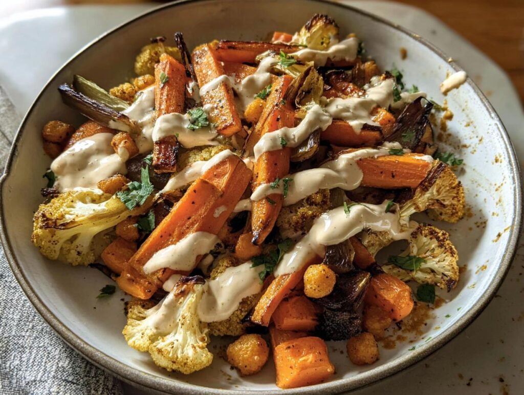 A bowl of Roasted Veggie, Tahini Yogurt featuring roasted carrots, cauliflower, and a creamy tahini yogurt sauce.