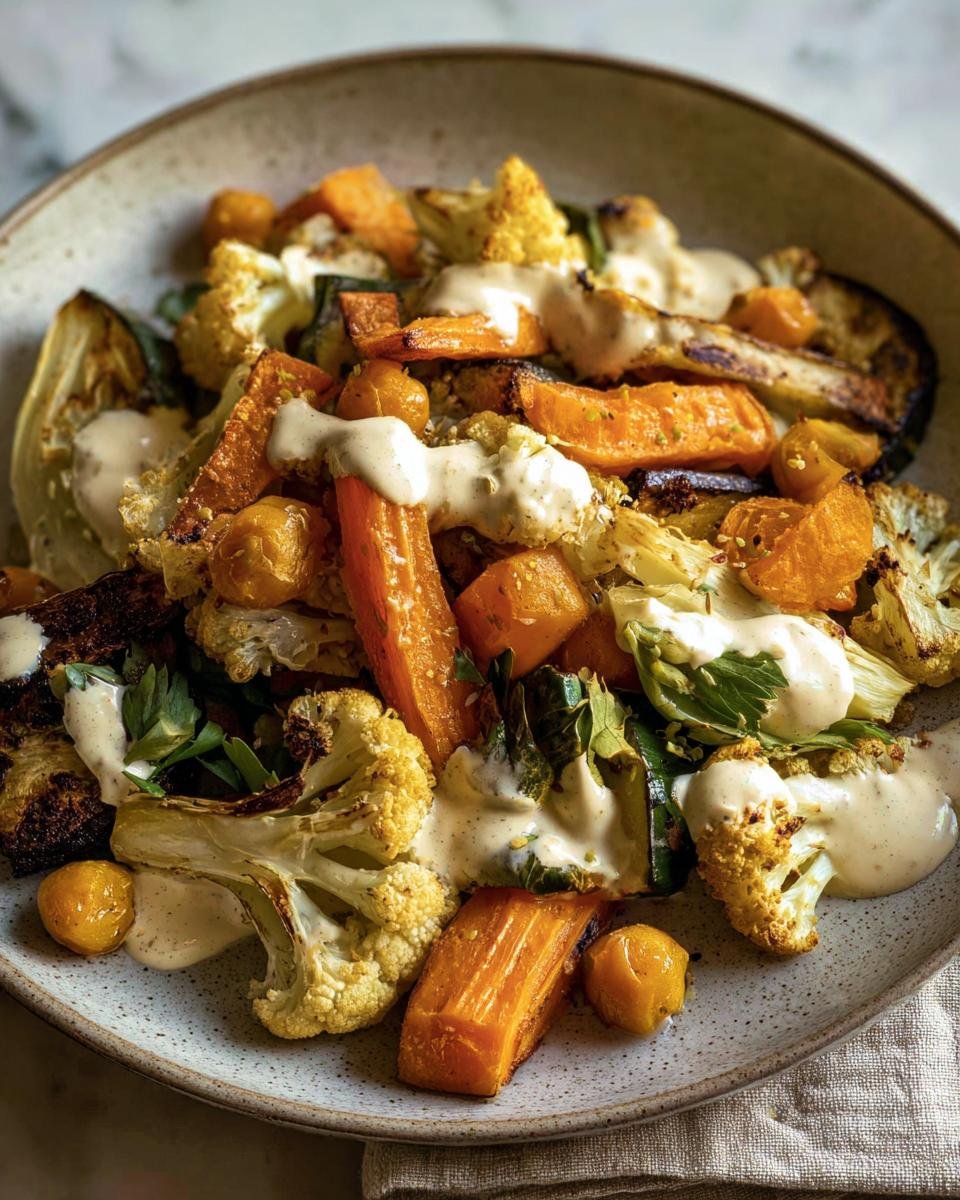 A bowl of Roasted Veggie, Tahini Yogurt with roasted carrots, cauliflower, and a creamy tahini yogurt sauce.