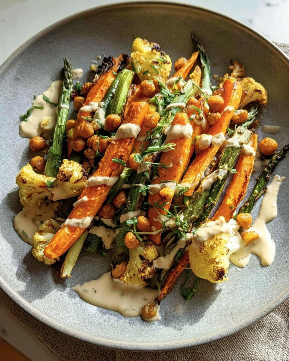 Overhead shot of a colorful bowl with Roasted Veggie, Tahini Yogurt, asparagus, carrots, and cauliflower.