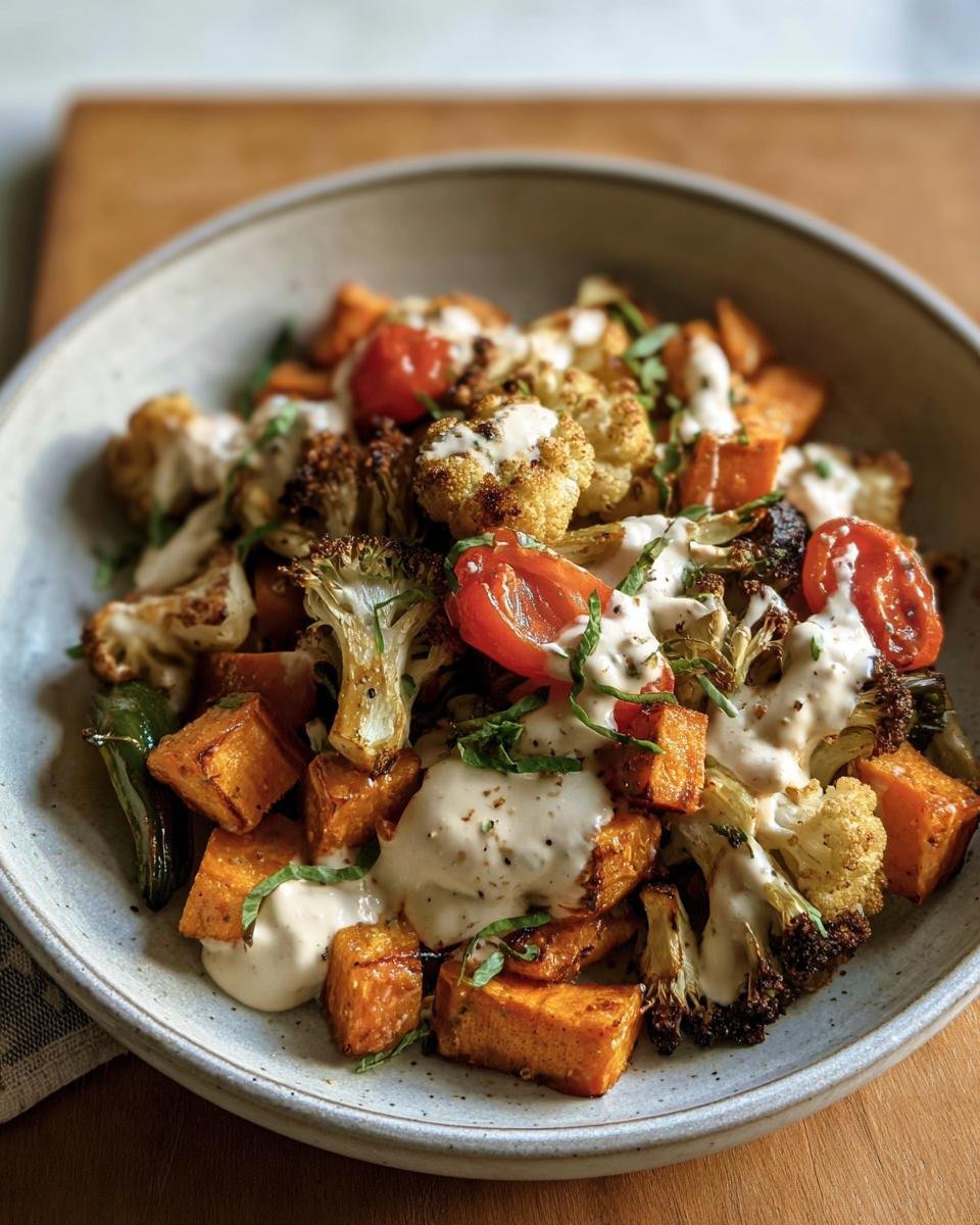 Bowl of Roasted Veggie, Tahini Yogurt, featuring cauliflower, sweet potatoes, and tomatoes.