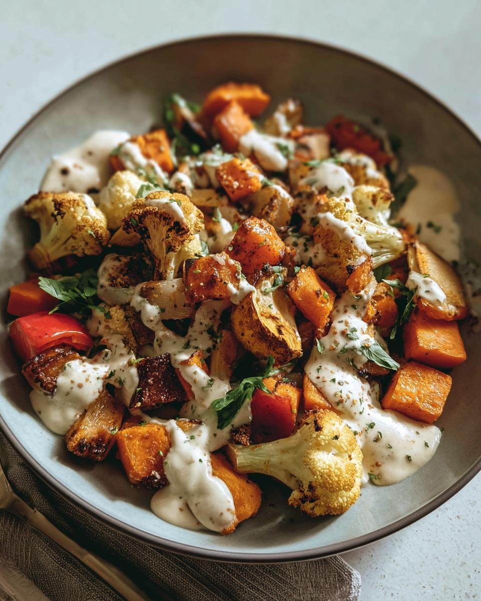 A vibrant bowl of Roasted Veggie, Tahini Yogurt featuring roasted cauliflower, sweet potatoes, and red bell peppers.