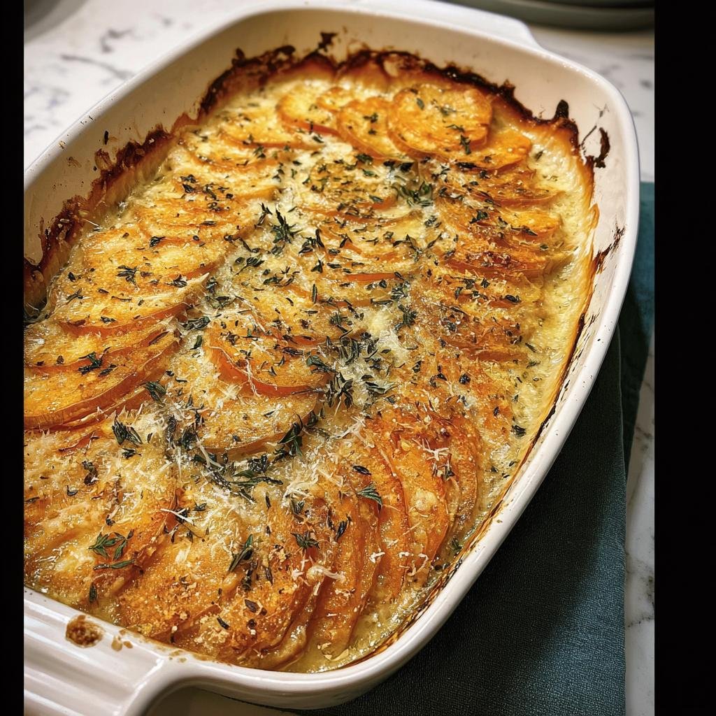 Close-up of Sage Butternut Squash Gratin in a white baking dish, topped with herbs and cheese.