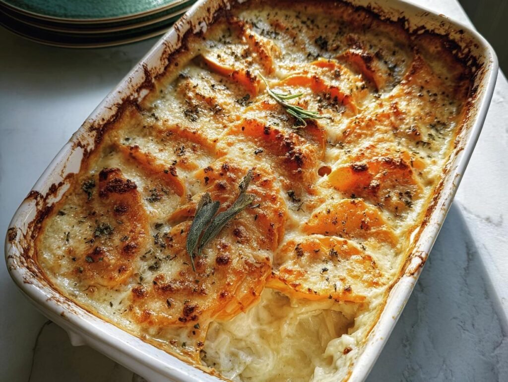 Overhead shot of a Sage Butternut Squash Gratin in a white baking dish, garnished with fresh sage and herbs.