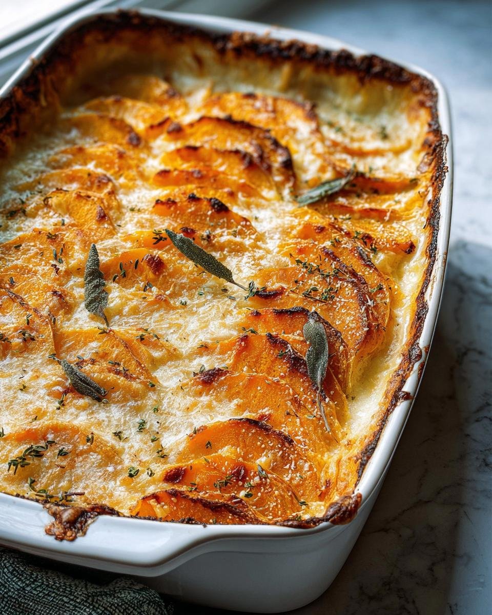 Overhead view of a Sage Butternut Squash Gratin in a white baking dish, garnished with sage and herbs.