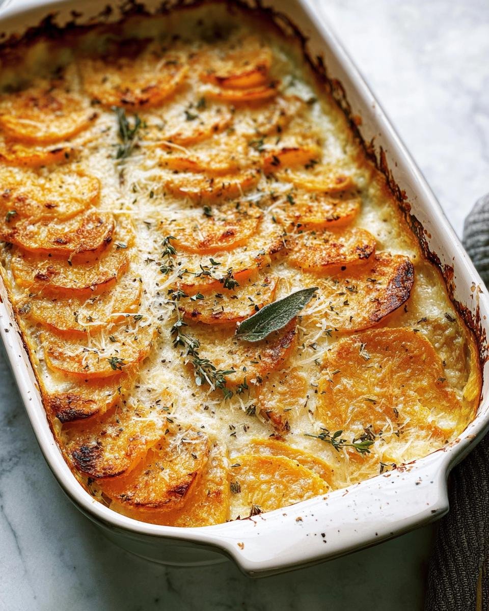 Overhead view of a Sage Butternut Squash Gratin in a white baking dish, garnished with sage and thyme.