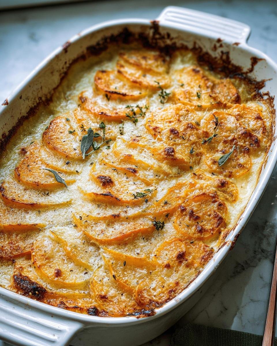 Overhead view of a baked Sage Butternut Squash Gratin in a white dish, garnished with fresh sage and herbs.