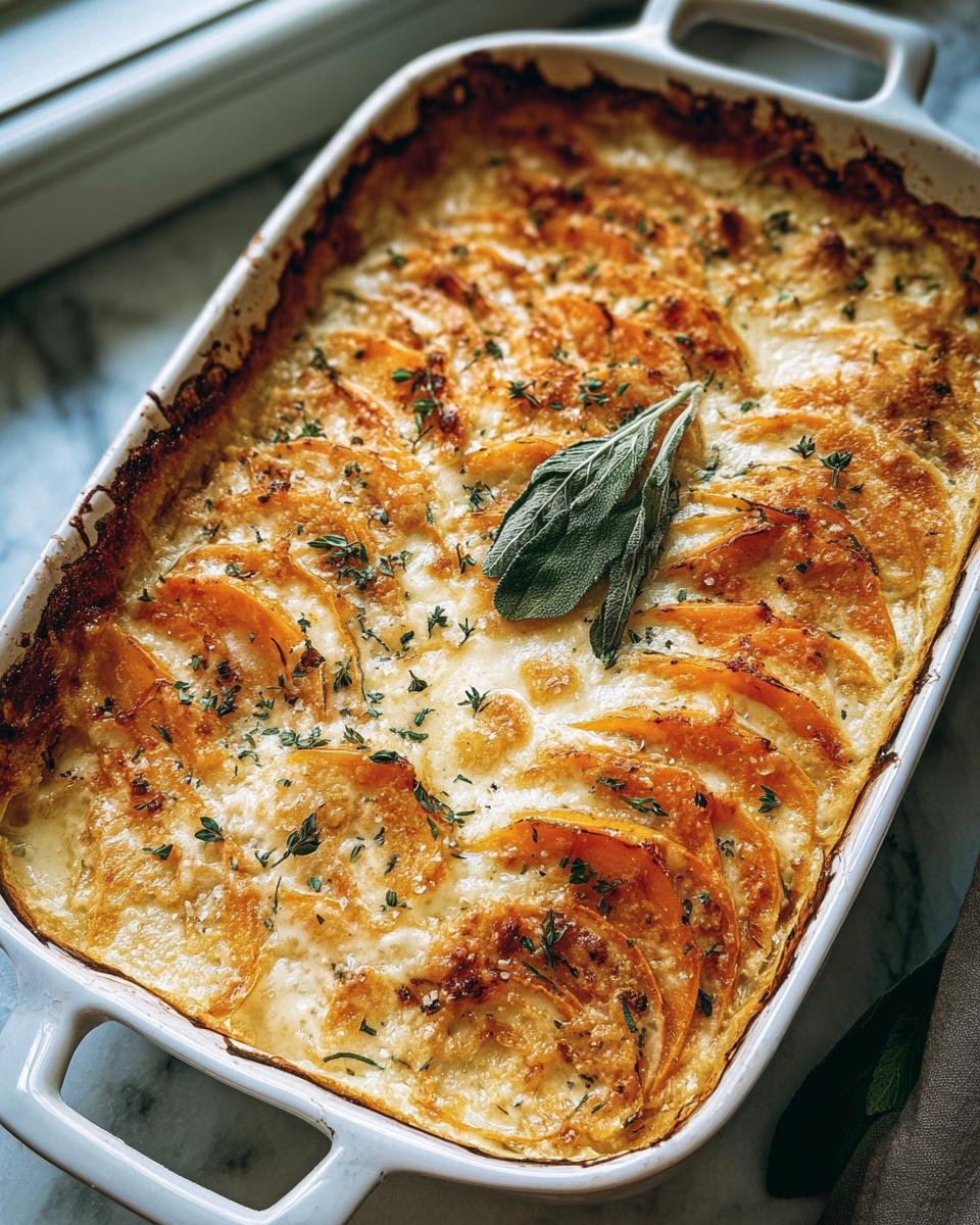 Overhead view of a Sage Butternut Squash Gratin in a white baking dish, garnished with fresh sage and thyme.