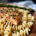 Salmon fillet served over pasta with asparagus, a delicious option for Diabetic-friendly low-carb recipes.