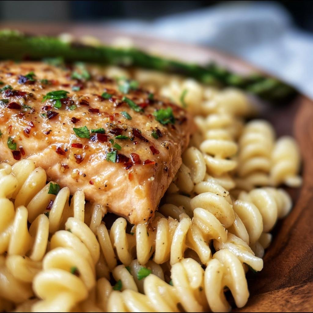 Salmon fillet served over pasta with asparagus, a delicious option for Diabetic-friendly low-carb recipes.
