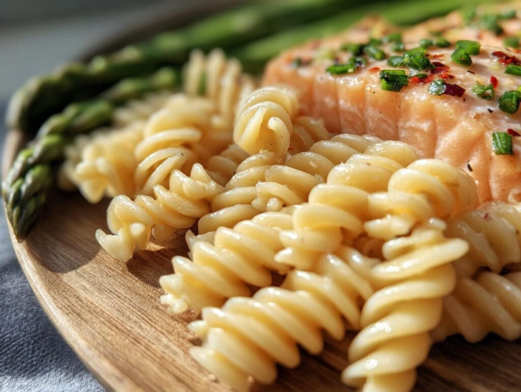 A plate of salmon with pasta and asparagus, part of our collection of diabetic-friendly low-carb recipes.