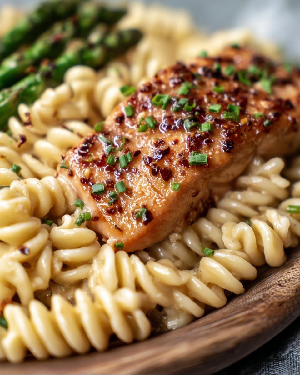 Salmon fillet served over pasta with asparagus, a delicious option for Diabetic-friendly low-carb recipes.