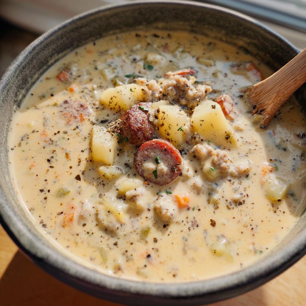 A bowl of creamy Sausage Potato Soup with sausage slices, potatoes, and herbs, ready to eat.