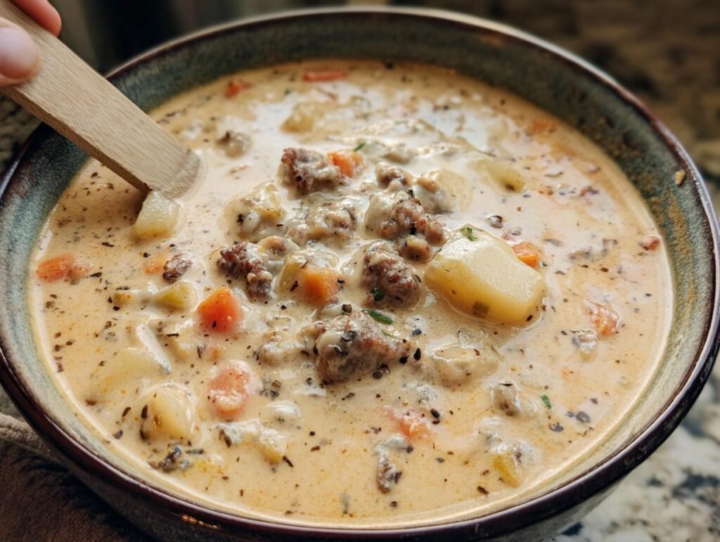 Close-up of a bowl of creamy Sausage Potato Soup with visible sausage, potatoes, and carrots.