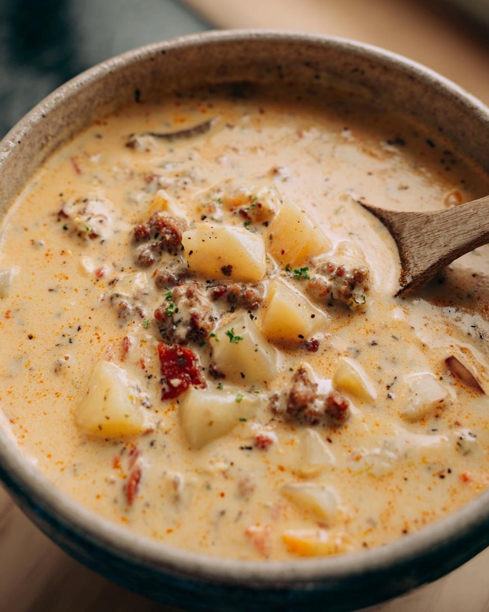 Close-up of a bowl of creamy Sausage Potato Soup with sausage, potatoes, and herbs, served with a wooden spoon.