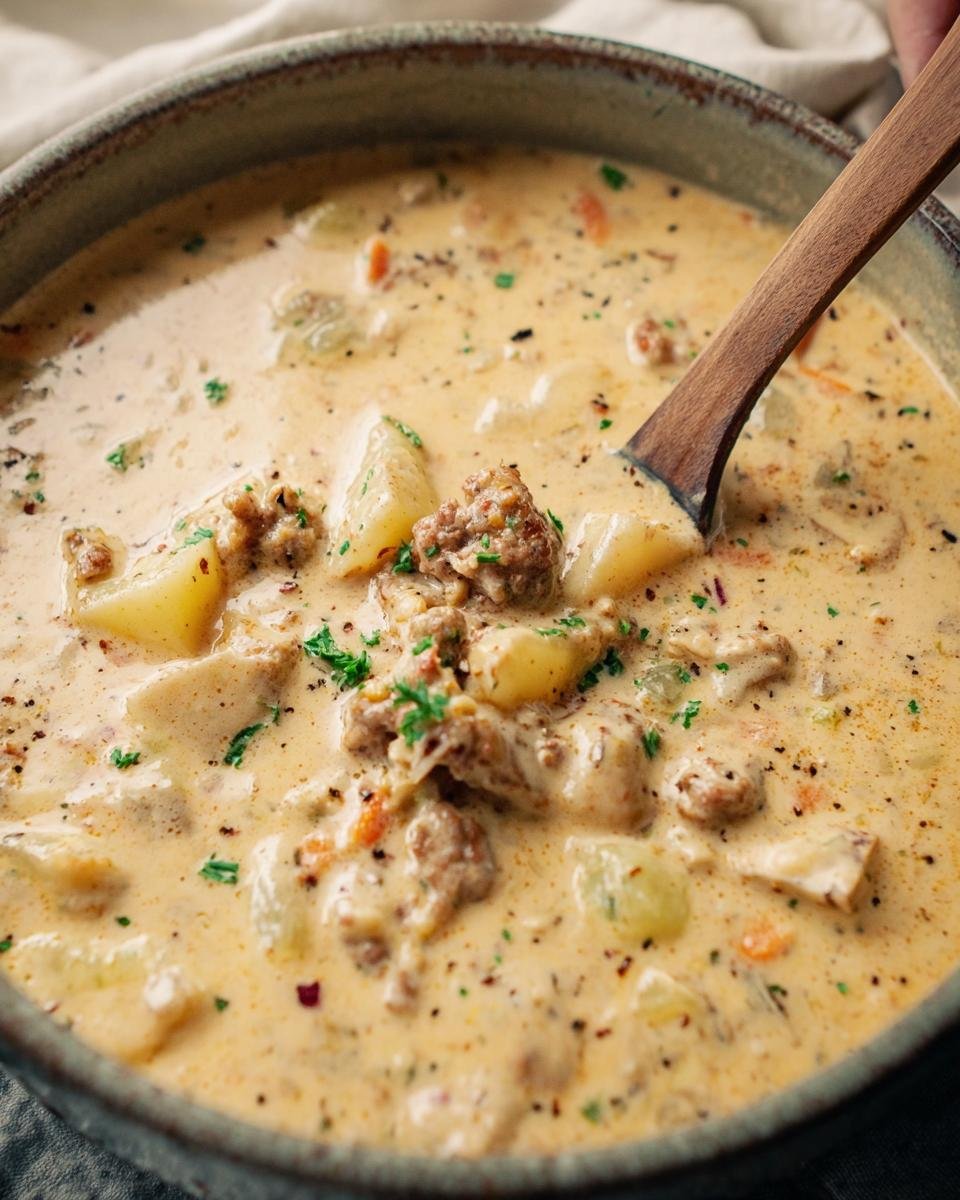 Close-up of a bowl of Sausage Potato Soup with potatoes, sausage, and creamy broth.
