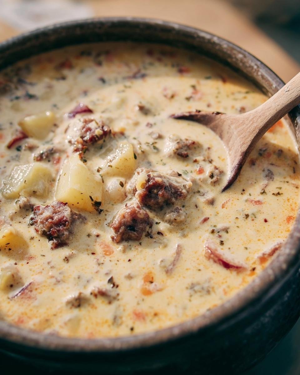 Close-up of creamy sausage potato soup in a dark bowl with a wooden spoon.