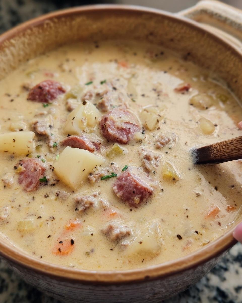 Close-up of a bowl of creamy Sausage Potato Soup with potatoes, sausage, and herbs.