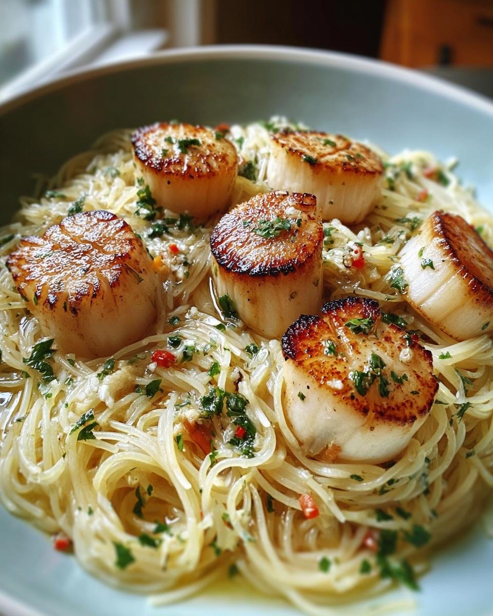 A plate of perfectly seared Scallops with Angel Hair Pasta, garnished with herbs and spices.