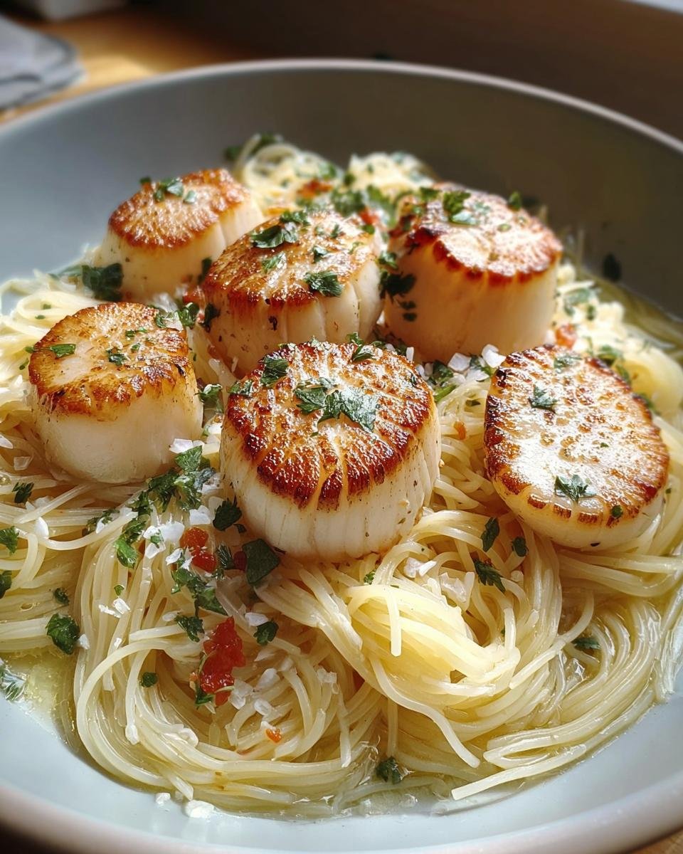 Close-up of perfectly seared Scallops with Angel Hair Pasta, garnished with fresh herbs and spices.