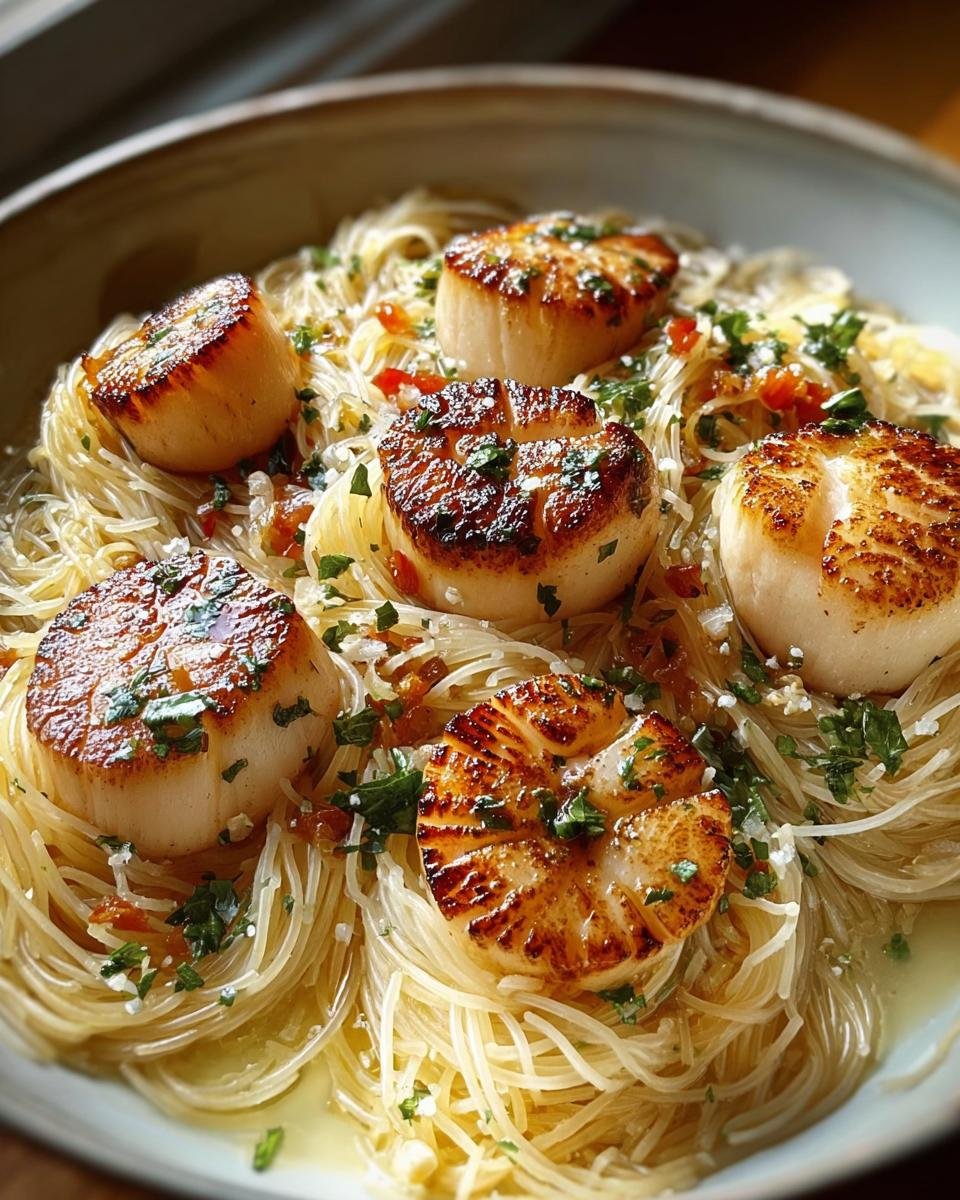 Close-up of perfectly seared Scallops with Angel Hair Pasta, garnished with herbs and spices.