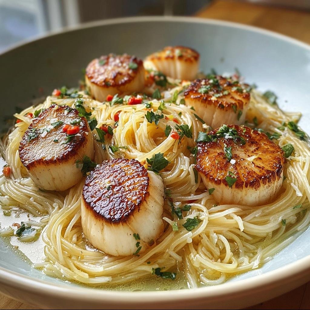 Delicious seared Scallops with Angel Hair Pasta, garnished with herbs and served on a light blue plate.
