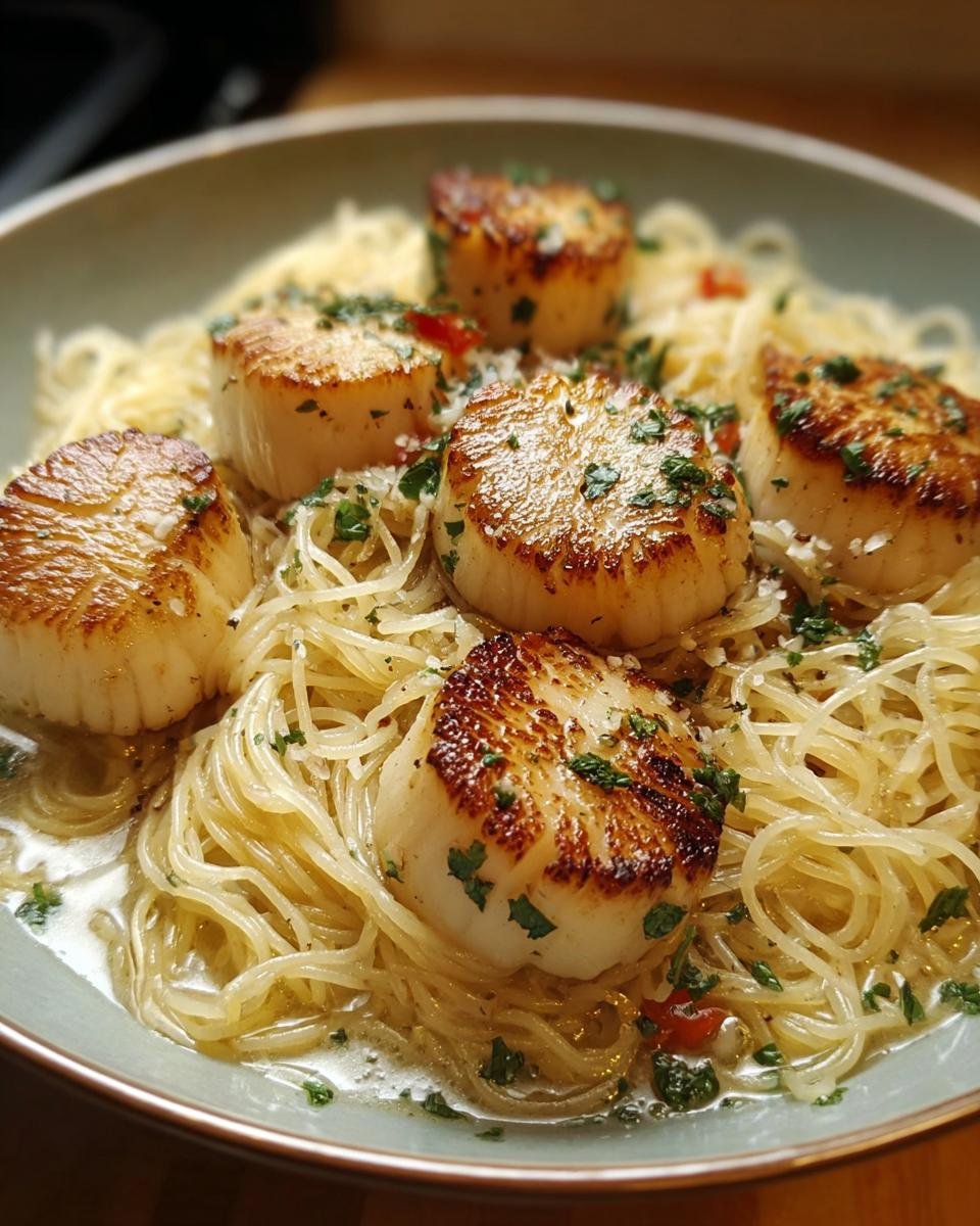 A beautifully plated dish of Scallops with Angel Hair Pasta, garnished with fresh herbs.