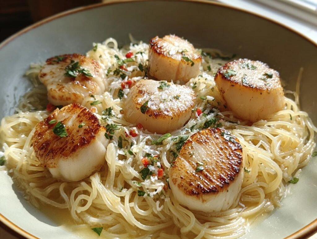 Seared Scallops with Angel Hair Pasta, garnished with herbs and spices, plated in a bowl.